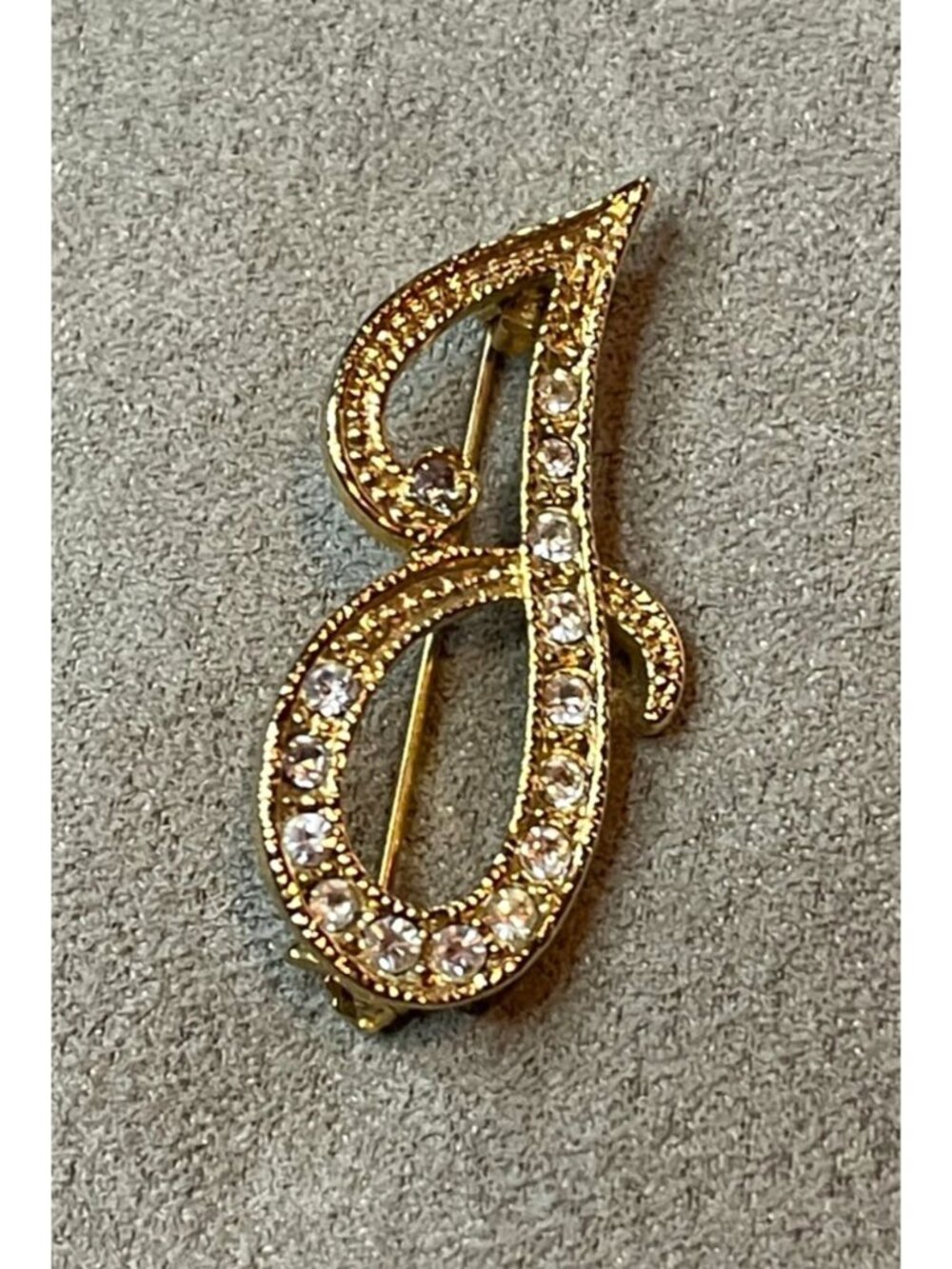 Vintage 60s Gold Tone Diamante "J" Letter Script Brooch Rhinestone Embellished